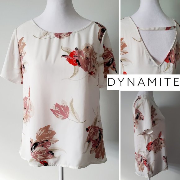 Dynamite Tops - Super Pretty Large Floral Print Blouse Top V Back Boxy s/s Spring Office Siren